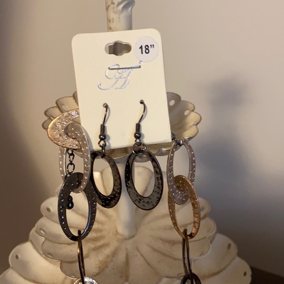 TriTone Textured Link Necklace & Earring Set Bronze Silver and Gold Tone New - Picture 2 of 6